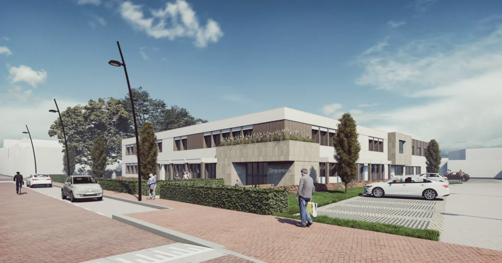 Impressie van project Burgerhout in Roosendaal, modern zorgcentrum met eigentijdse architectuur en groene omgeving